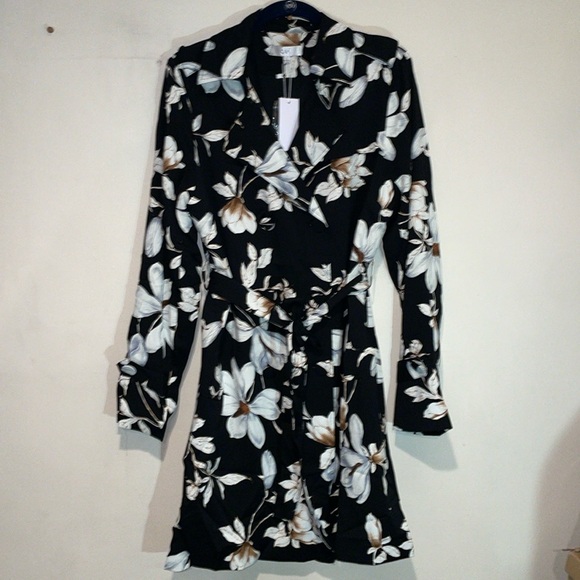 Ovi Dresses & Skirts - Black and Cream Floral Coat Dress Large NWT